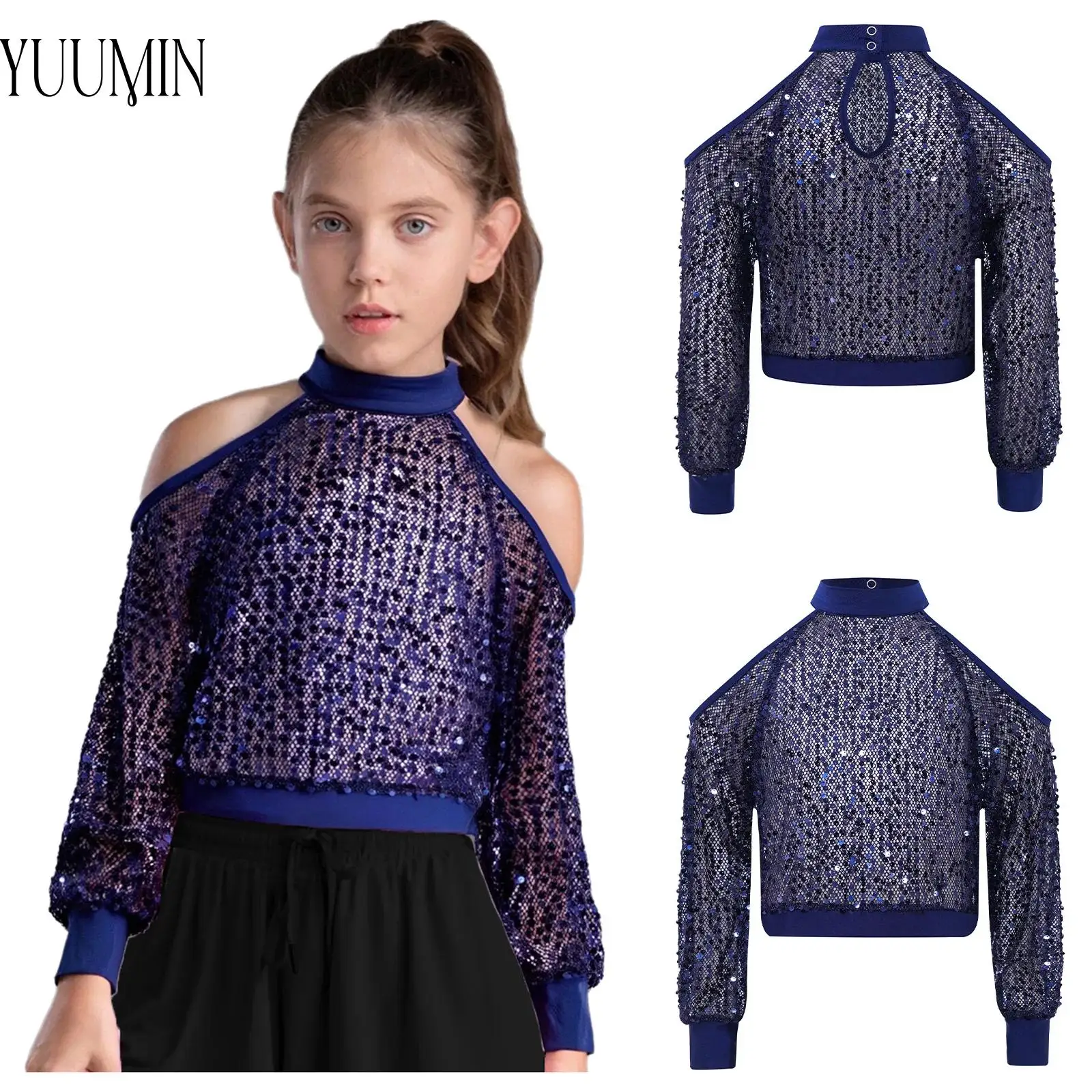 Kids Girls Cold Shoulder Hollow Out Mesh Blouse Long Sleeve Shiny Sequins See-Through Crop Top for Hip-hop Jazz Dance Stage Show