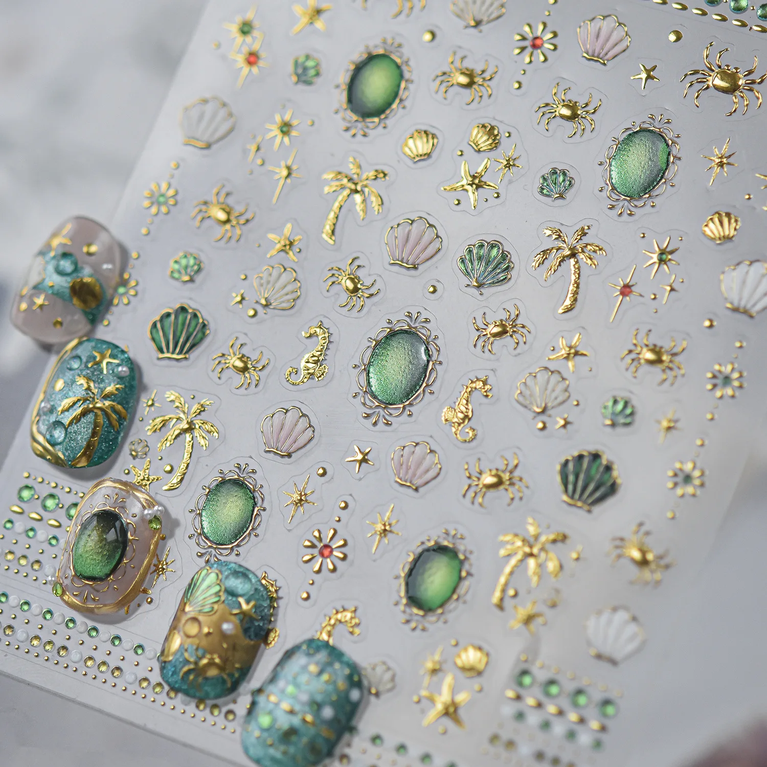 Retro Golden Tropical Ocean Nail Stickers Palm Tree Seahorse Crab Shell Sea Star Emerald Self Adhesive Nail Stickers Decoration