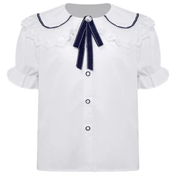 Kids Girls Button Down Shirt Puff Short Sleeve Oxford Blouse Tops Cute Baby Collar Bowtie School Uniform Dress Shirt Daily Wear