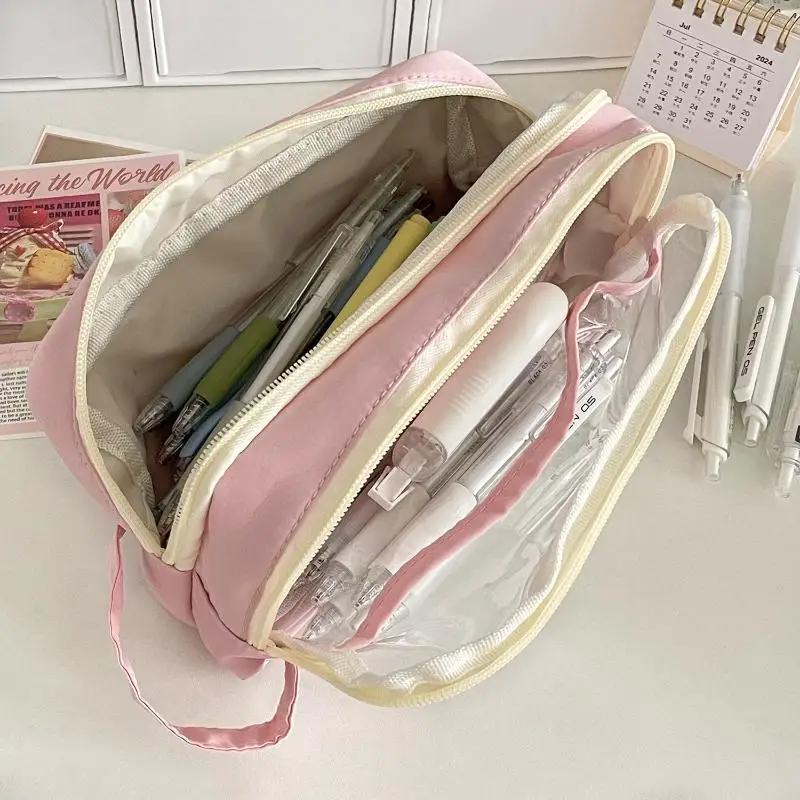 New Transparent Visible Pencil Case Large Capacity Double Layer Splash Prevention Pen Pouch School Exam Stationery Bag