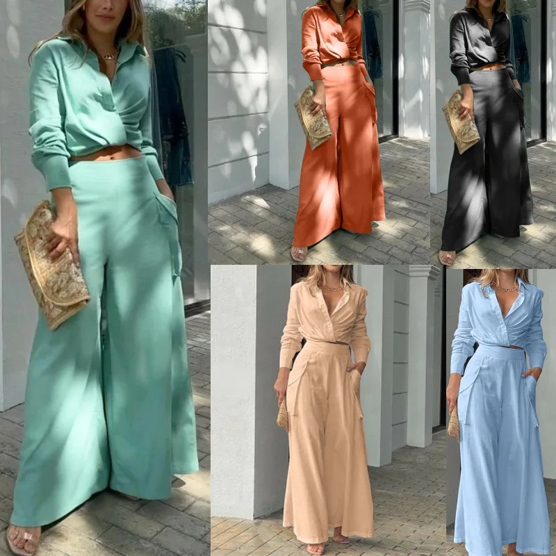 Women Shirt Two Piece Set Solid Color Elegant Spring Summer Fashion Long Sleeve Shirt + Wide Leg Pants Office Ladies Female Suit