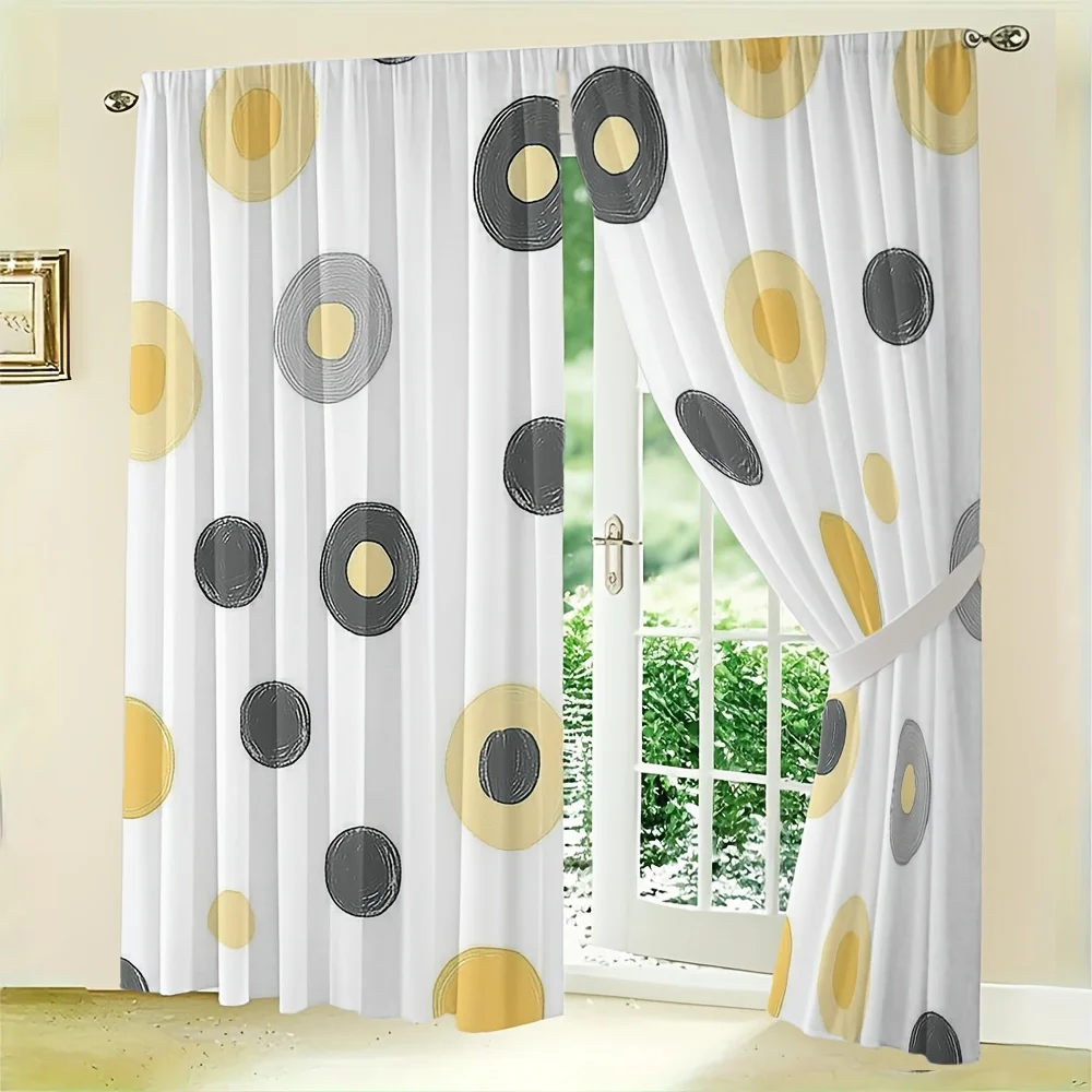 2pcs Mid-Century Dot Curtains No Rod — Mustard & Charcoal Circles on White, Light-Filtering for Living, Dining, Bedroom Doors