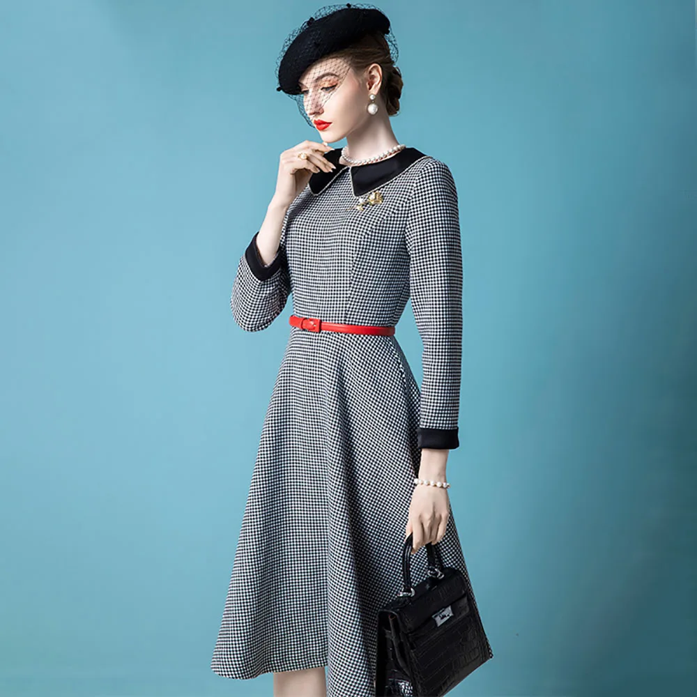 High End Dress Women\'s Autumn Winter New Retro Celebrity Doll Collar Temperament Swing Skirt