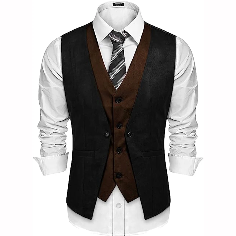 Casaco sem mangas masculino single-breasted slim fit, camurça cor, costura, gola V, melhores ternos de colete para casamento