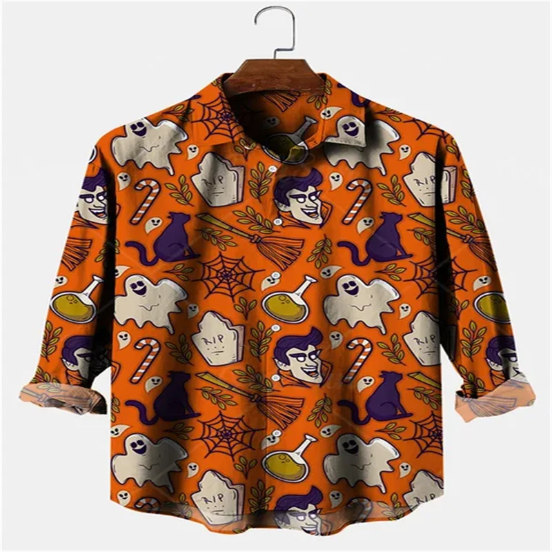2025 men's horror printed long sleeved shirt Halloween holiday polyester fiber comfortable