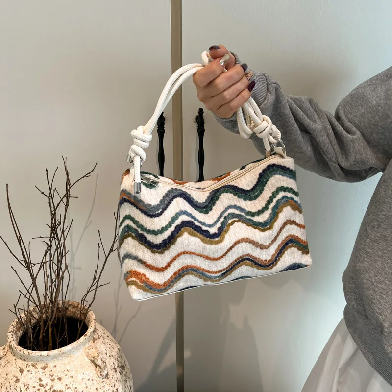 

2025 Spring Striped Color Block Tote Bag for Women Small Square Beach Vacation Purse Casual Shoulder Underarm Bag for Travel