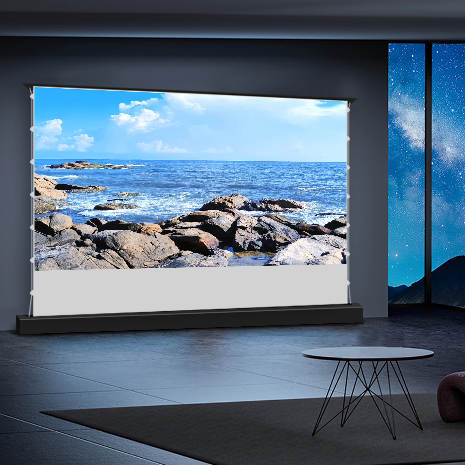 

2025 Electric Floor Rising Projection Screen Tab-Tensioned Motorized 72-150 inch 16:9 Cinema White 4K/8K For All Projectors