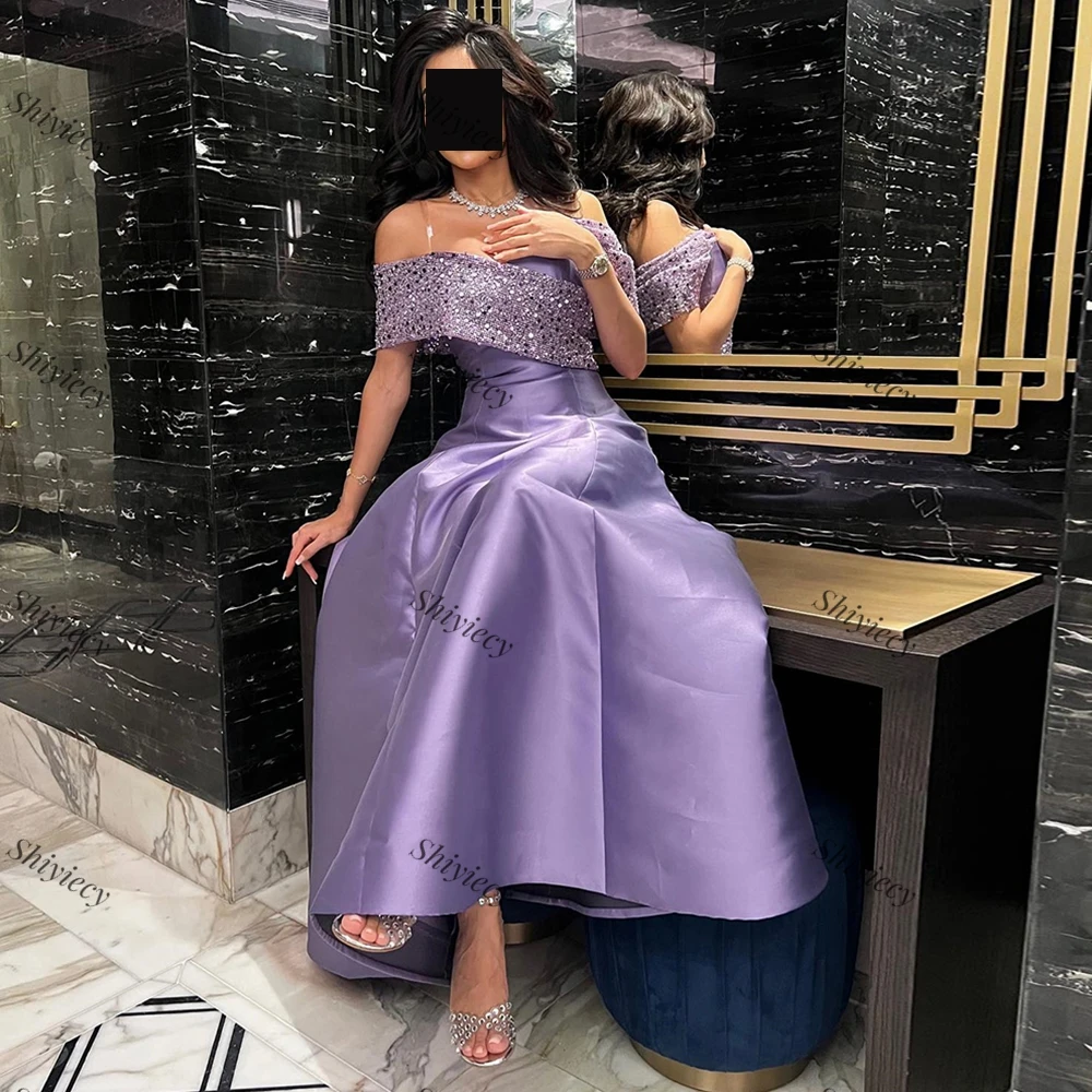 Purple Beaing Sequined Evening Dress Elegant Off the Shoulder A-Line Celebrity Dress Satin Formal Occasion Gowns Saudi Arabia