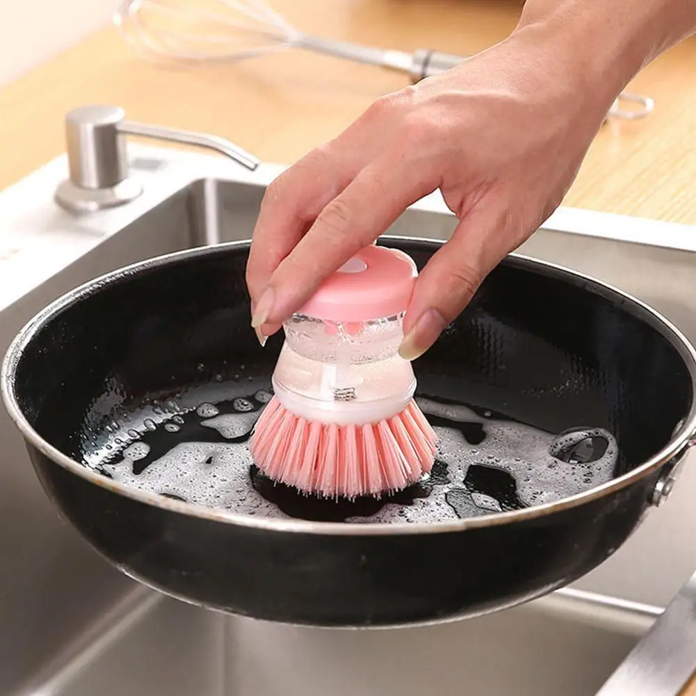 Kitchen Wash Pot Dish Brush With Liquid Filling Dispenser By Pressing Does Not Hurt Pan Automatic Cleaning Brush Dispenser