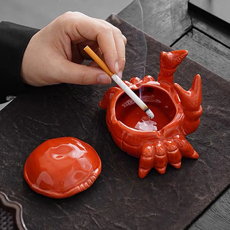 

Ceramic Crab Ashtray Small Tea Pet Office Home Living Room with Cover Anti Fly Ash Cute Chinese Decoration