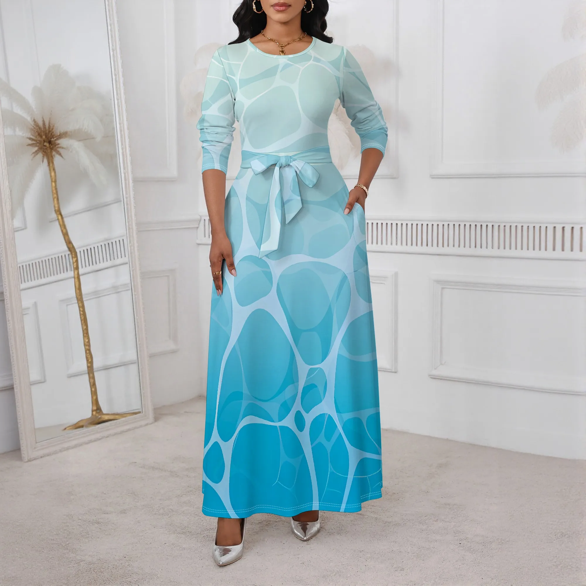 

Nupusa Standard Size Printed Long - Sleeve Maxi Dress Women Summer Belted Long Dress Artistic Pattern Elegant Casual Wear