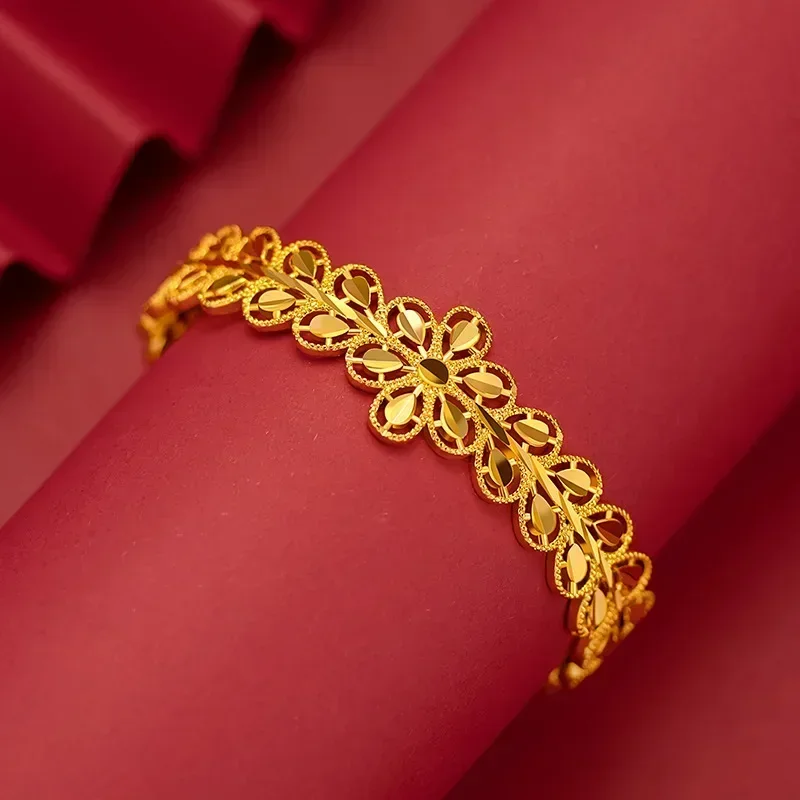 

9999 Real Gold 24K Hollow Women's Gold Leaf Opening Bracelet Ethnic Gold Flower Leaf Bracelet