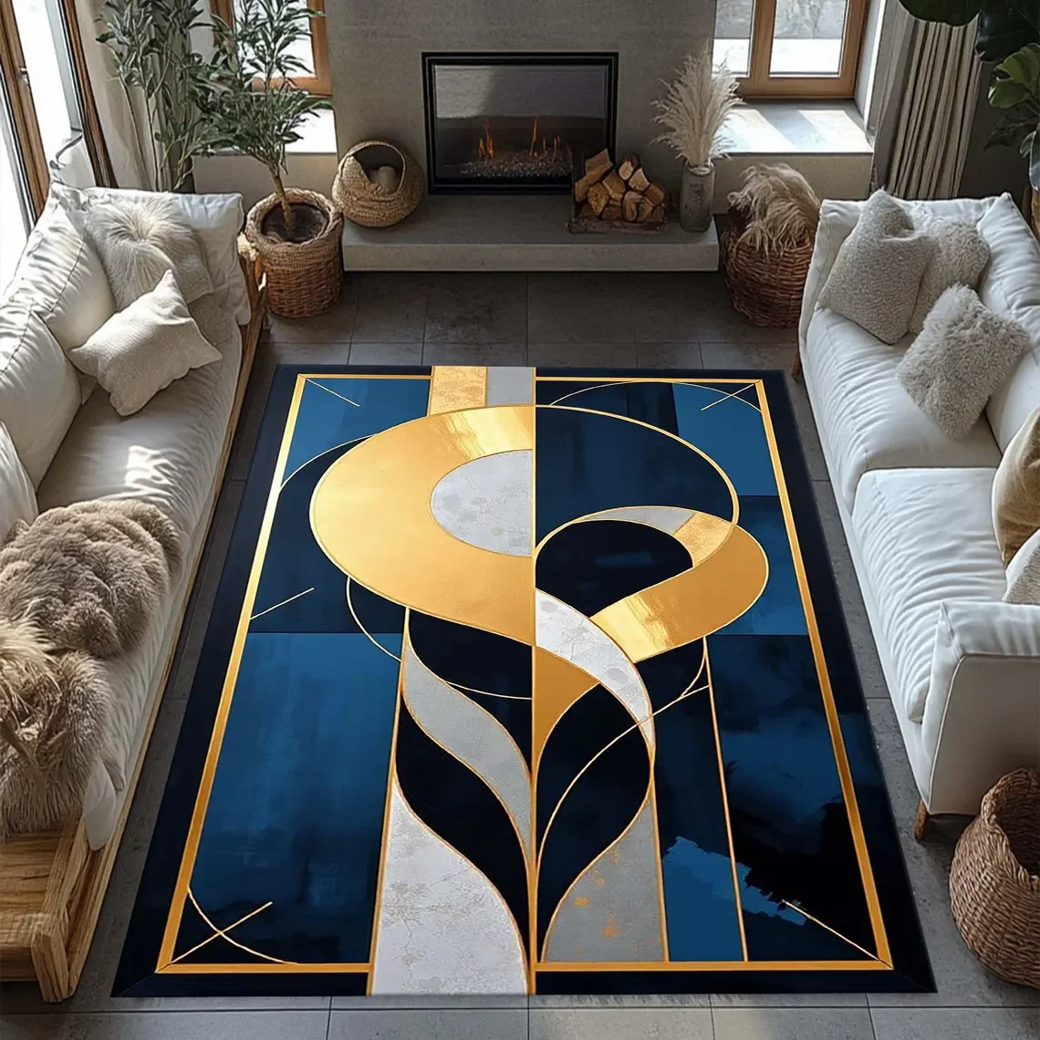Alfombra Art Deco, Alfombra a rayas de oro azul, Alfombra con forro azul intenso, Alfombra con forma geométrica, Alfombra para decoración del hogar, Cocina minimalista abstracta de salón