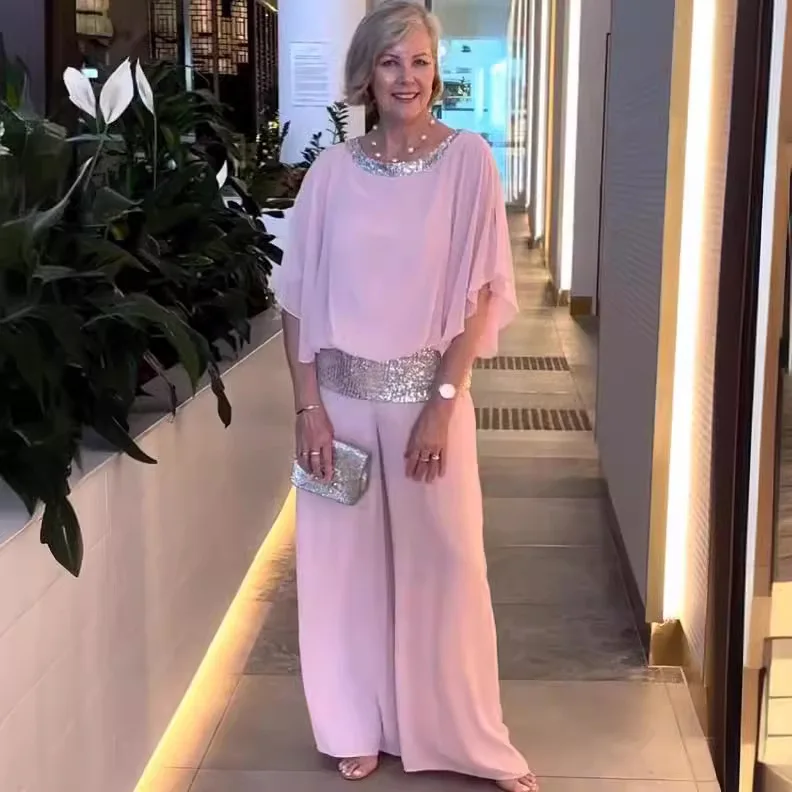 Damskie dwuczęściowe zestawy spodni Solidne eleganckie cekiny Splice Tops Batwing Sleeve Spodnie z szerokimi nogawkami Wysoka talia Luźne lato 2024