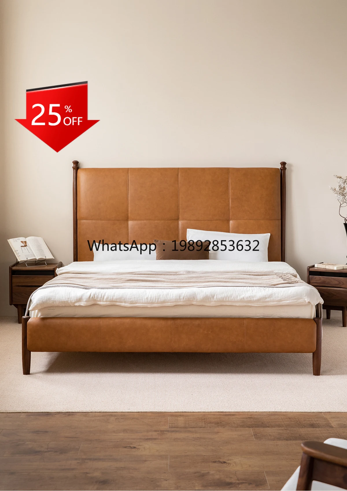 

LYY Solid Wood Vintage Black Walnut Leather Upholstered High-Back Master Bedroom Double Bed