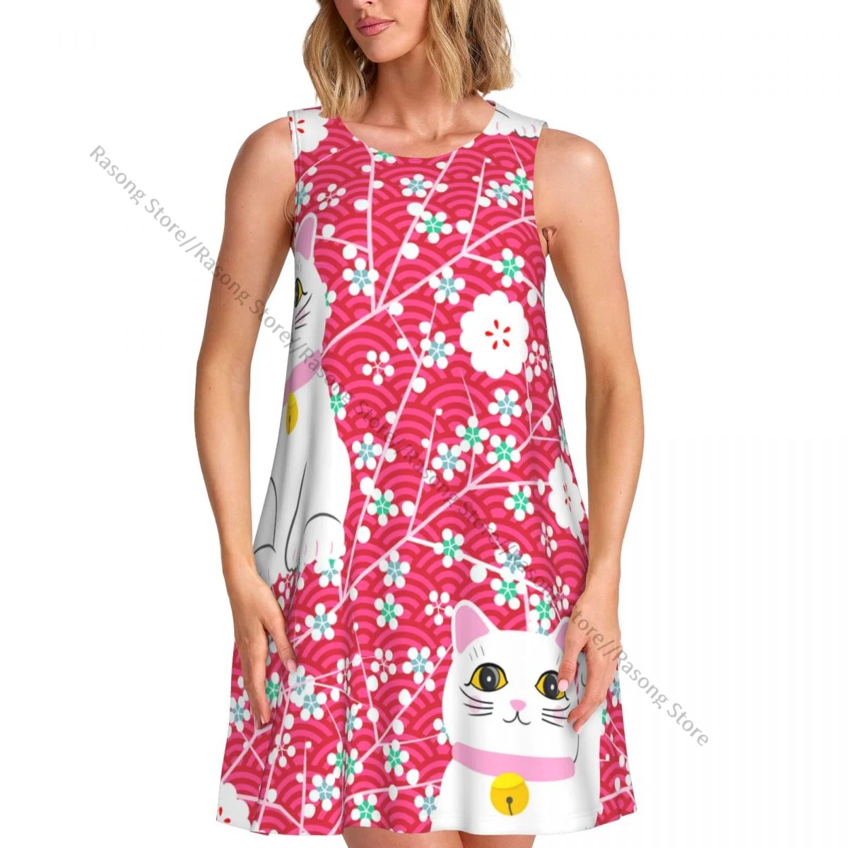 Women's Dress Summer Casual T Shirt Dresses Beach Cover up Japanese Lucky Cats Tank Dress