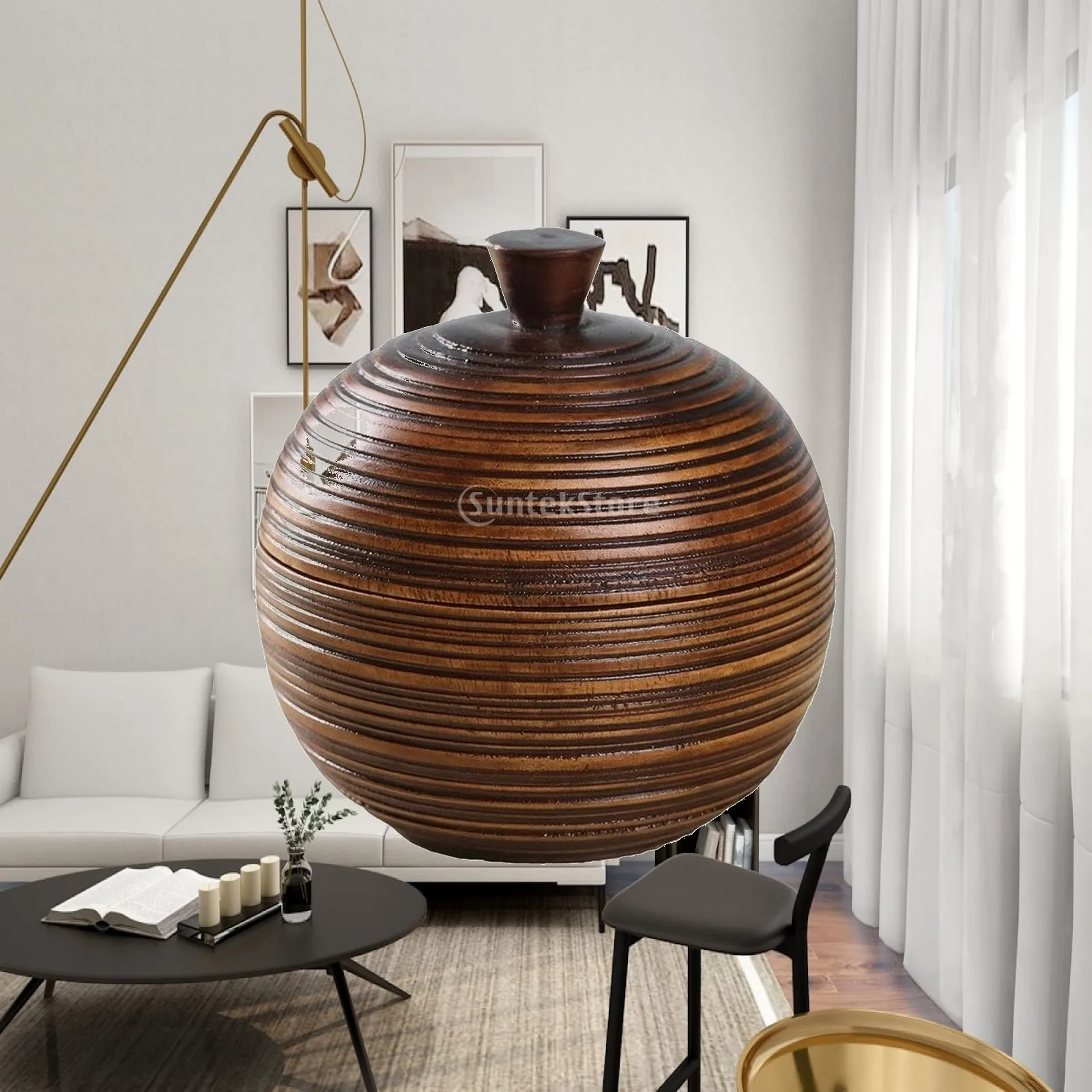 Natural Wood Kitchen Storage Jar with Horizontal Ribbed Texture for Tea and Spice Organization