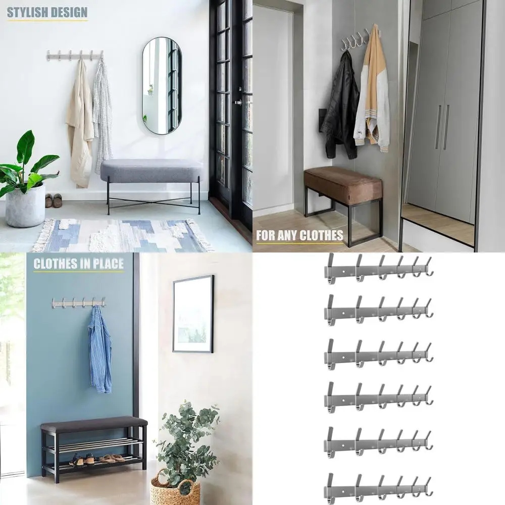 

17-дюймовая настенная вешалка для одежды из матового никеля с 6 двойными крючками для прихожей, ванной комнаты и спальни