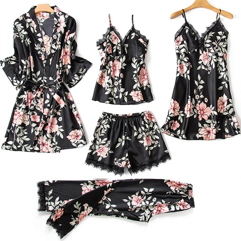 

Spring Summer Print Pajamas Five Piece Set Silky Satin Nightgown Sleepwear Loose Casual Nightwear Female Sexy Lace Trim Homewear