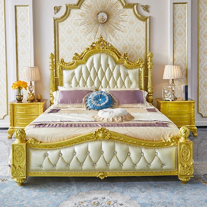 European style genuine leather bed, American style villa, luxurious solid wood carved storage, double column princess bed