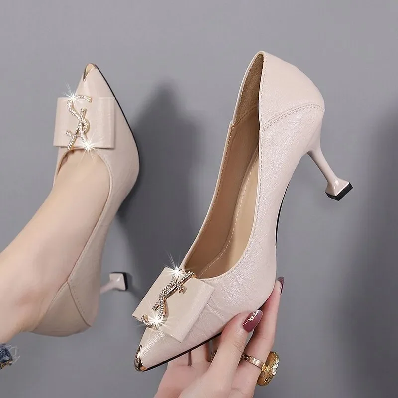 Female Black High Quality Pointed Toe Slip on High Heel Shoes Women Casual Comfort Stylish Spring & Summer Party Heels E5973