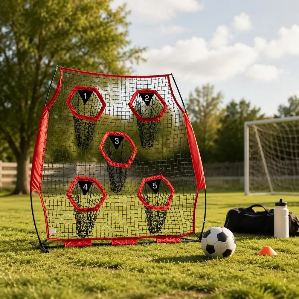 Filet de lancer de football 6 x 6 pieds, filet d'entraînement de précision avec 5 poches pour cibles, filet sans nœuds avec sangles et sac de transport portable, améliore la précision des lancers du QB, rouge