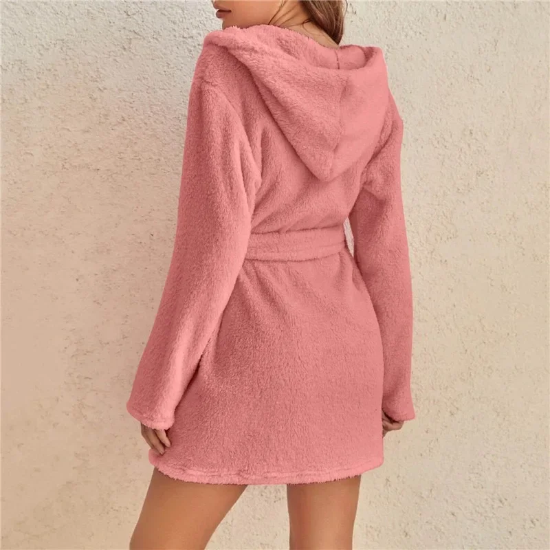 Solid Shower Kimono Robes Hooded for Women Long Sleeves Towel Bathrobe with Waist Girdle Female Cotton Sleepwear for Home Wear