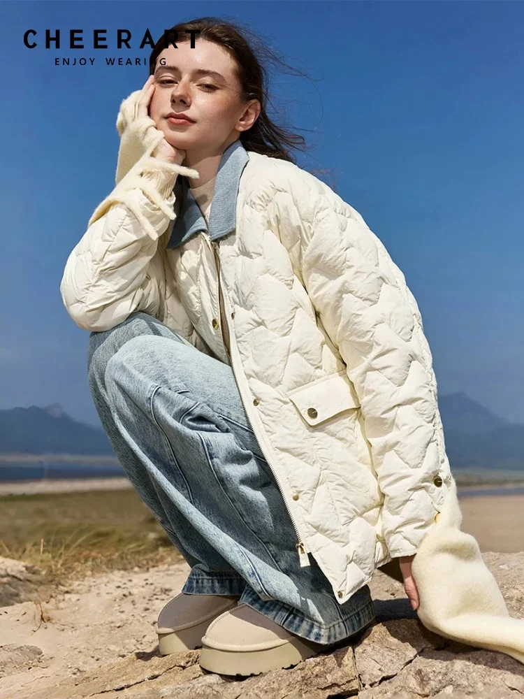 

CHEERART зимняя стеганая куртка с джинсовым воротником, женское бежевое пальто, куртка-пуховик, осень-осень 2024, новинка верхней одежды