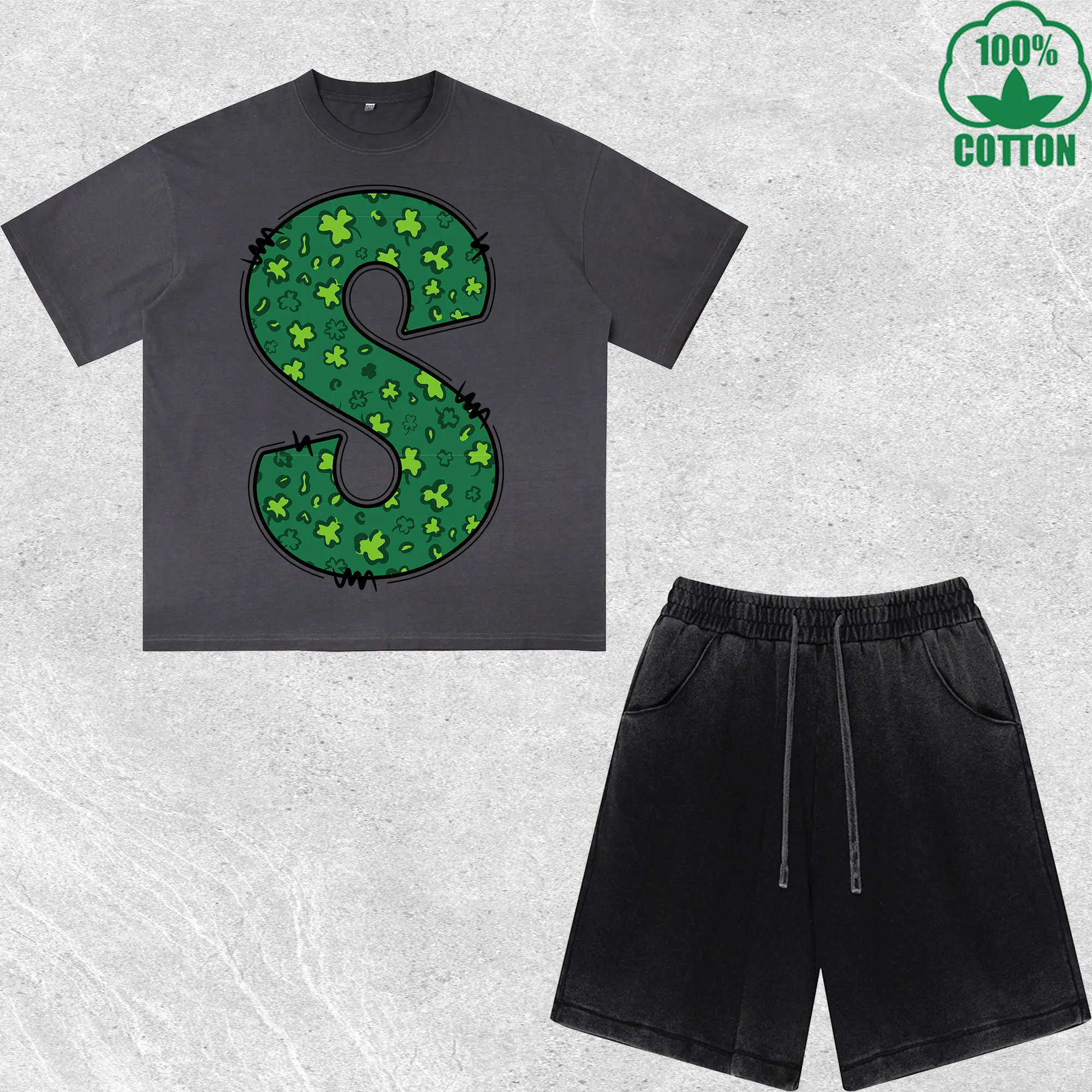 

Luck Letter S Printed Dirty Wash T-Shirt Shorts Set Multicolor Combo Loose Trendy Fashionable 100%Cotton Short Value Pack