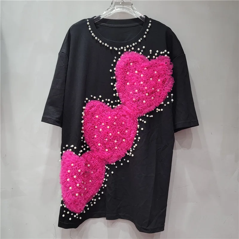 European Style Loose Tshirt Dress Womens 2024 Summer New Short Sleeve Cute Youth-Looking Mesh Pink Love Beaded Fashion Dresses