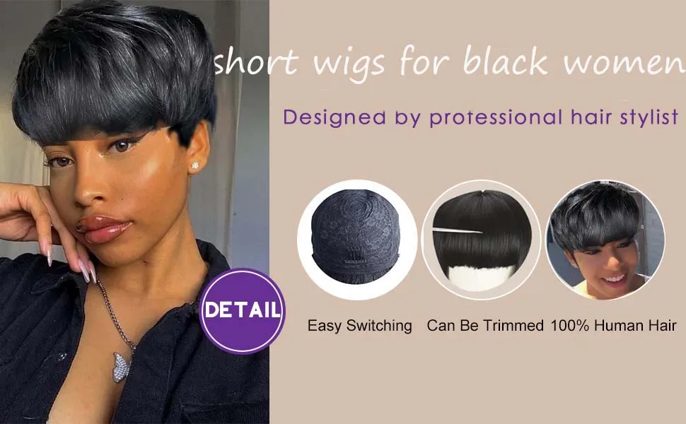 Peruki z ludzkich włosów pixie cut dla kobiet, krótkie, warstwowe, wykonane maszynowo, proste, brazylijskie włosy remy, naturalny czarny.