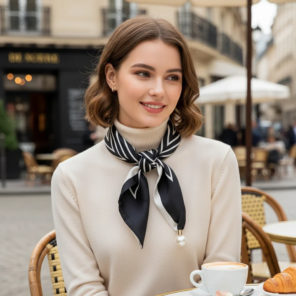 

New Pearl Buckle Silk Scarf Printed Thin Neck Scarf Lightweight Soft Neckerchief Women