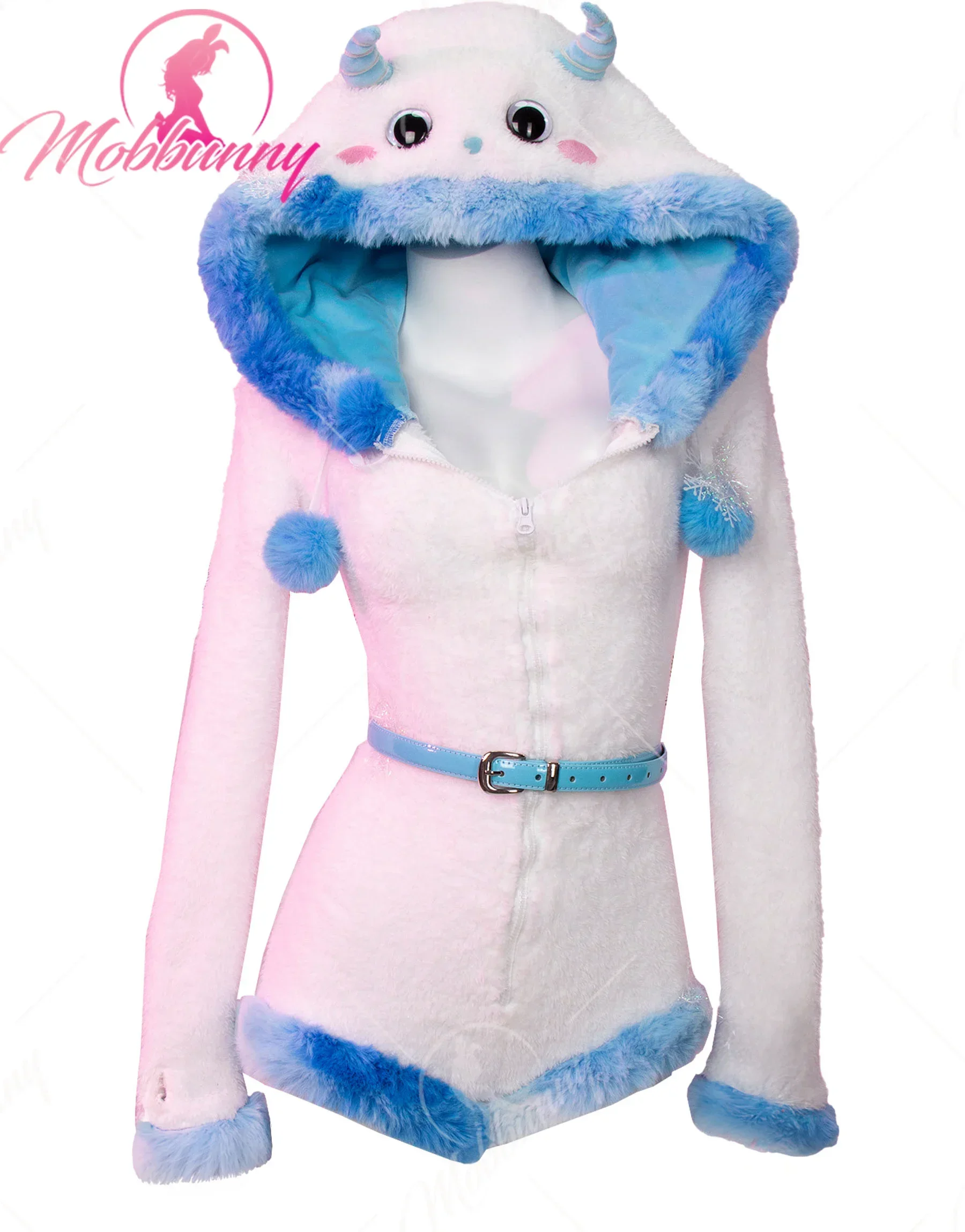 

Mobbunny Women Christmas Monster Fluffy Bodycon Romper Sexy Lingerie White Blue Furry Hooded Bodysuit Homewear with Belt Socks