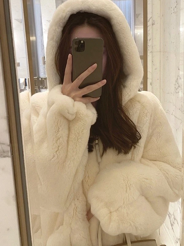 

Women's Fur Coat Rabbit Fur Short Top with Hood Stand Collar Loose Winter New Style Warmth Cartoon Pattern Casual Sweet Style