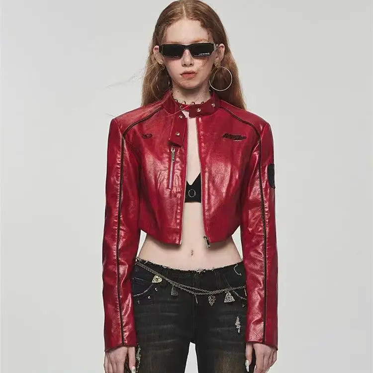 

American retro motorcycle suit PU leather jacket spicy girl cool and stylish versatile slim fit top jacket trend coat women