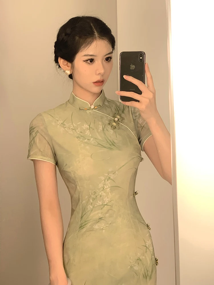 

Элегантное длинное платье-ципао Dr Young Modern с высоким воротником, коротким рукавом, цветочным принтом, повседневное, с высоким разрезом, в китайском стиле, женское.