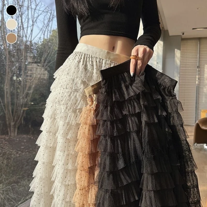 Classic Polka Dot Flocking Net Half Skirt High Waist Women's Cake Style Casual Polyester Spring New Arrival Slimming Versatile