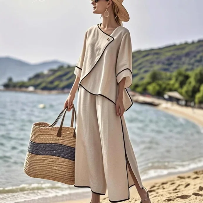 

Women Casual Fashion Set Loose Comfortable Open Split Half Sleeve Top Wide+ Pants Long Pant 2 Piece Outfit Women Beach Holidays