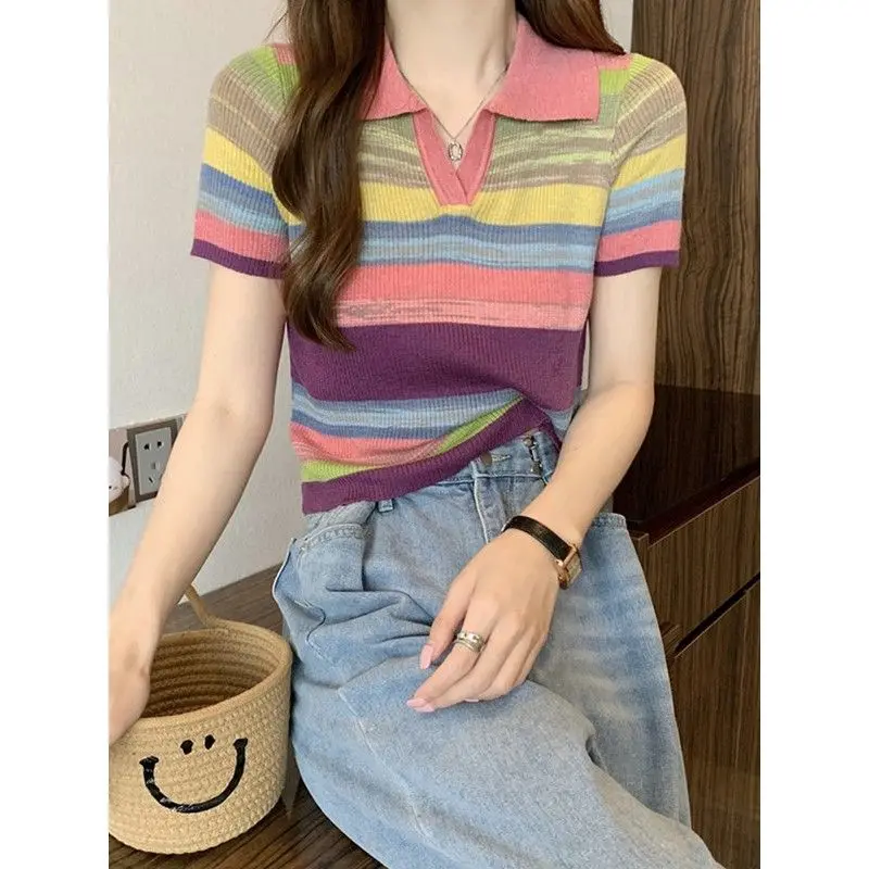 Summer Woman Clothing Rainbow Striped Short Sleeve Shirt Unique Chic Ins Temperament Elegant Polo-neck Thin Youth Lively Sweet