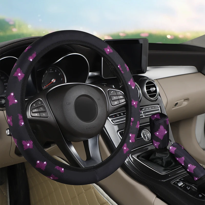 No Inner Circle 3PCS Car Steering Wheel Cover Set - Butterfly Pattern Handbrake Gear Shift Auto Interior Accessory
