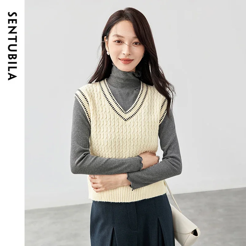 SENTUBILA Spliced Knitted Vest for Women's 2024 Spring Autumn Straight V Neck Screw Thread Sleeveless Sweater Vest W44J57316