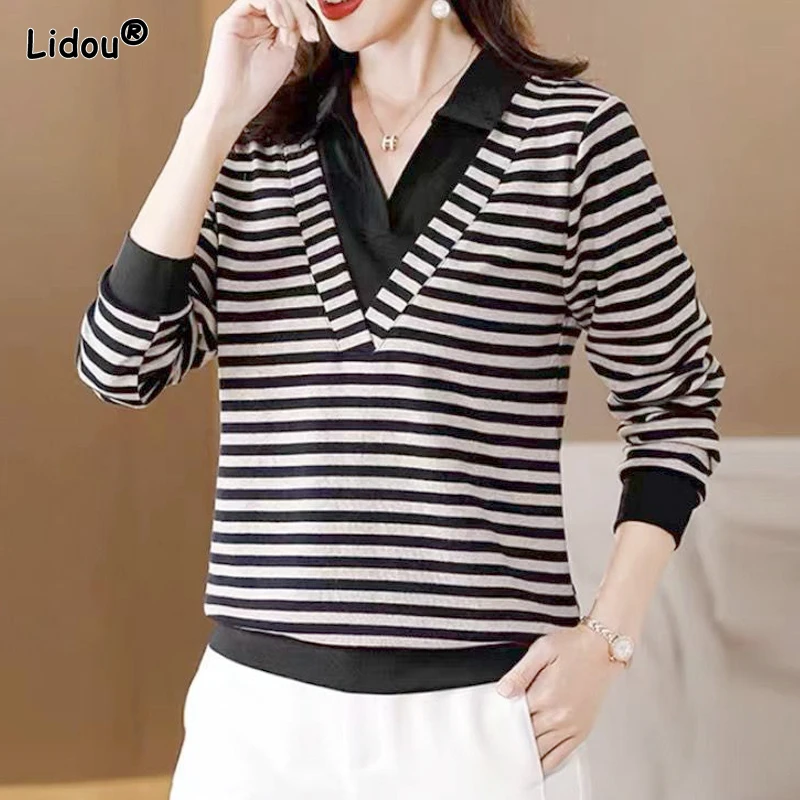 

2023 Spring and Autumn Vacation Two Piece Set Fashion V-neck Contrast Stripe Long Sleeve Simple Casual Oversize Women's T-shirt