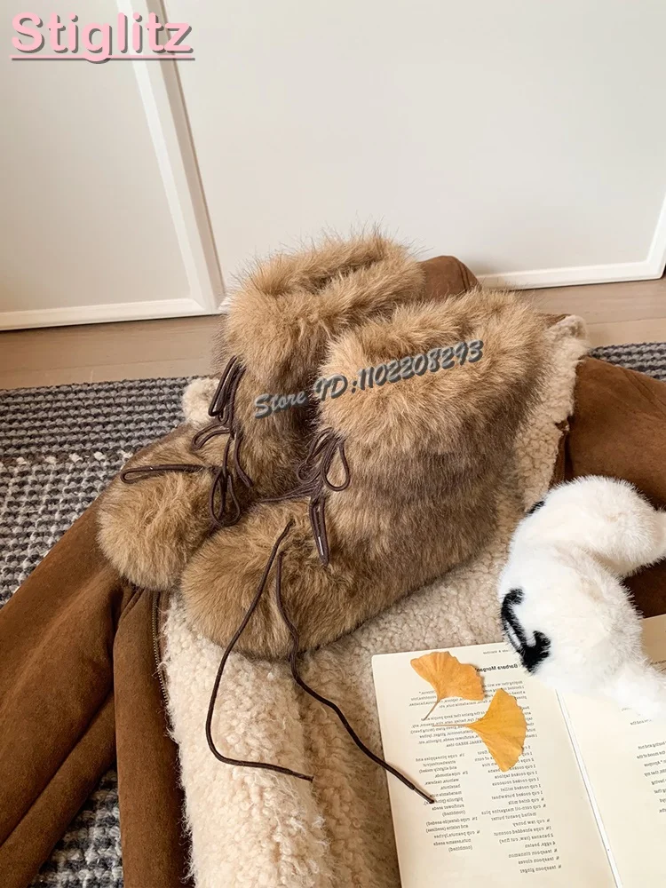 

Коричневые пушистые зимние ботинки с круглым носком из искусственного меха на шнуровке, модные короткие ботильоны, новинка зимы 2025 года, теплая женская обувь на толстой подошве