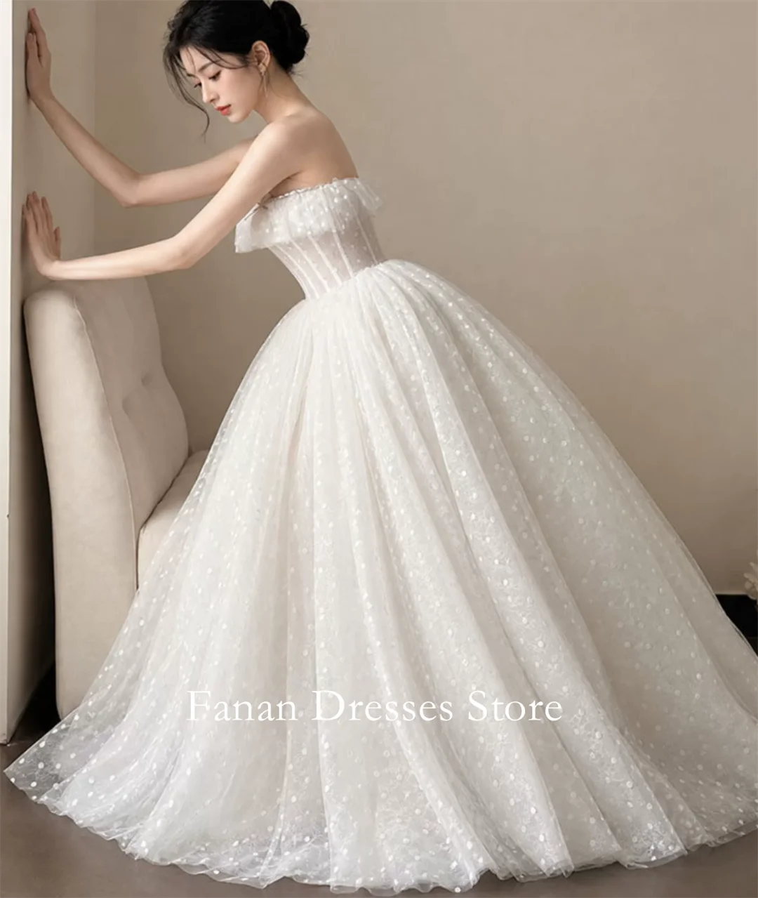 FANAN Off Shoulder Short Sleeves Polka Tulle Vintage Simple Elegant Wedding Dresses 웨딩드레스 Ivory Customized Pretty  Bride Dresses