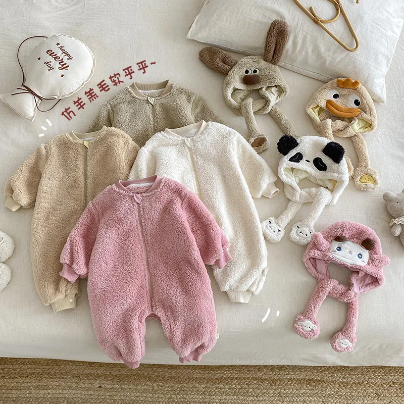 Baby Super Cute Jumpsuit 2025 New Winter Baby Cartoon Hat Solid Color Fur Crawling Clothes Newborn Clothes