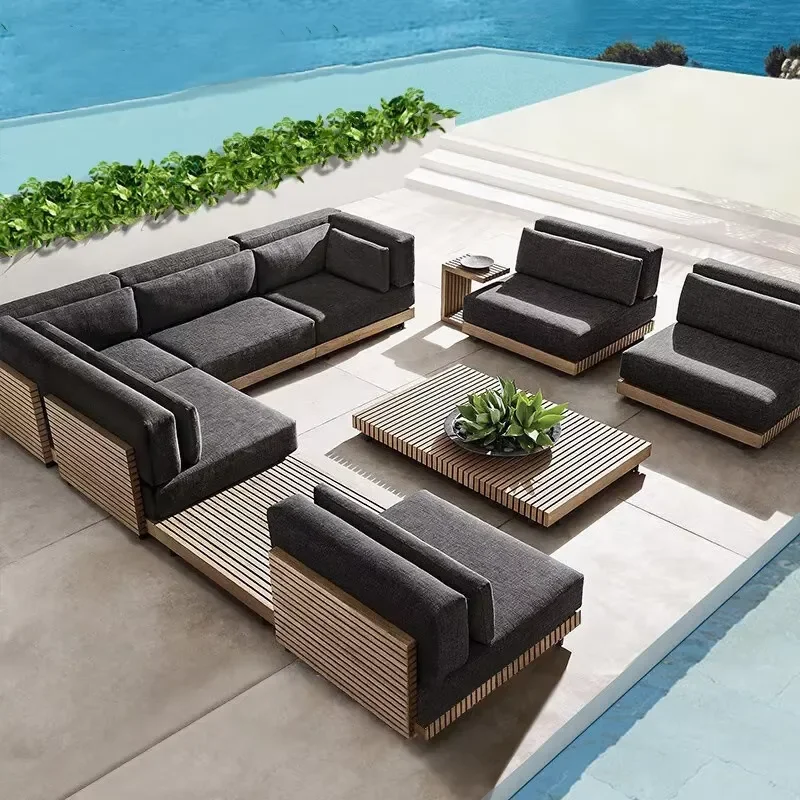 Villa Hotel Terrace Teak Sofa Solid Wood Outdoor Sofa Leisure Waterproof Sun Protection Garden Sofa Patio Furniture