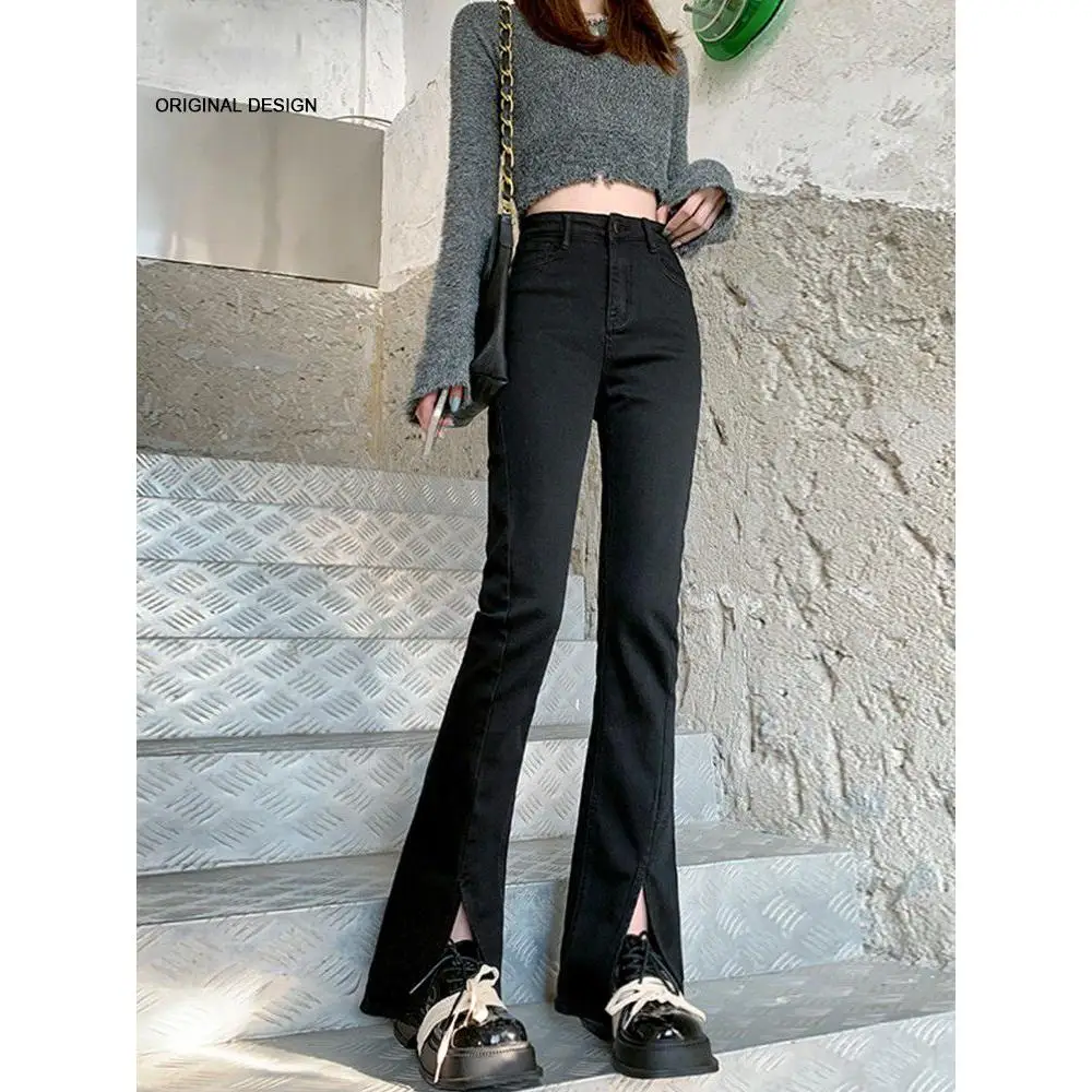 

High Waist Slimming Black Micro Flare Jeans Women's Spring Autumn Casual Straight Leg Cotton Denim Pants High Waist Jeans