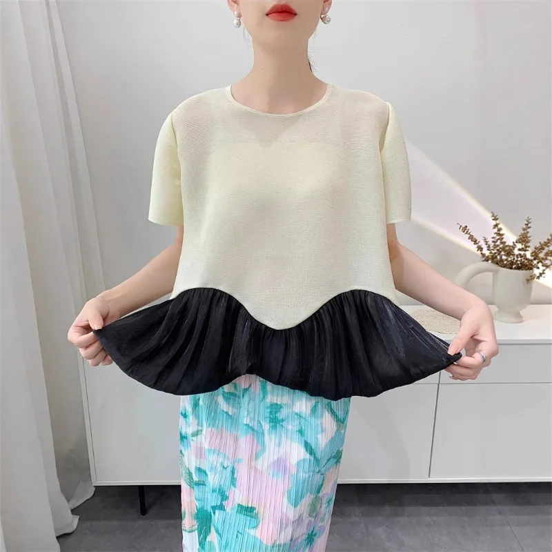 

Miyake sprinkled gold powder satin shake shirt pleated color matching pleated top women's 2025 summer dignified loose T-shirt