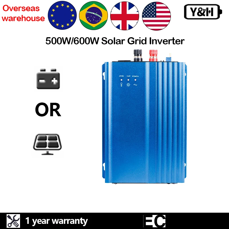 Y&H 500W 600W Grid Solar Micro Inverter DC16V-28V MPPT Pure Sine Wave AC230V Solar Panel, Adjustable 12V Battery Discharge