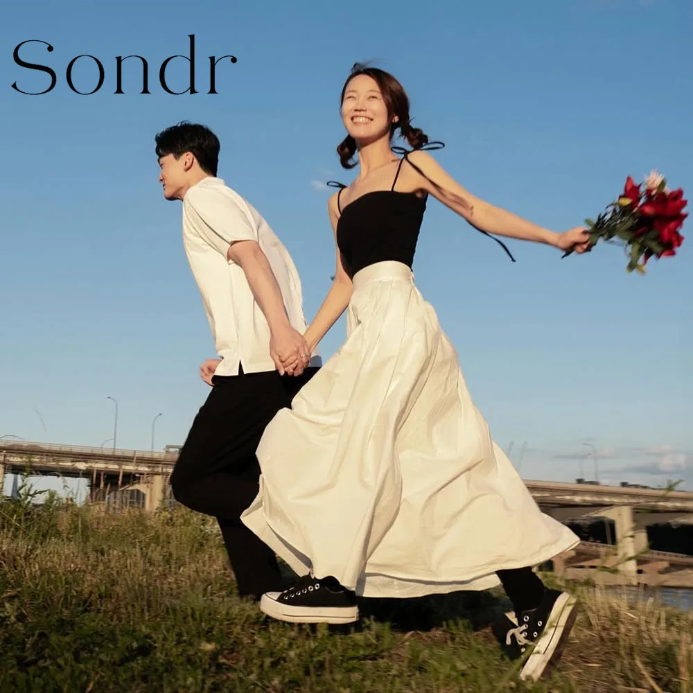 Sondr Customized Korean Wedding Snap Dresses 2 Piece Black and Ivory Prom Party Dresses Spaghetti Straps A Line Photo Shoot Gown